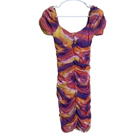 Urban Outfitters UO Tie Dye Rouched Mini Dress Puff Sleeves New Size S - Picture 7 of 15